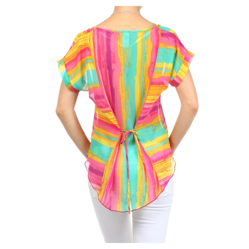 Women's Rainbow Color Striped Hi-Lo Hem Blouse Top - Picture 4 of 8
